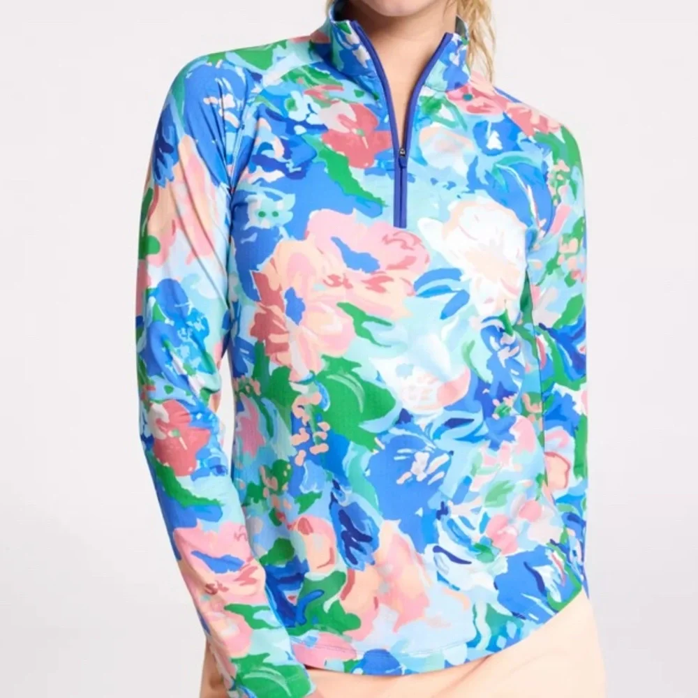 NWT Walter Hagen Blue Gouache Floral P11 Performance UV Protection Quarter Zip - Picture 2 of 9